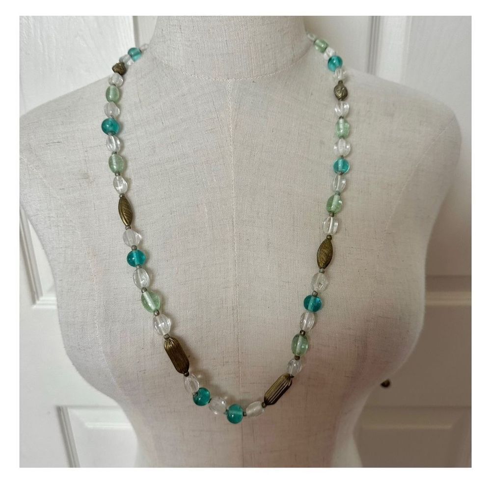 Blue and green glass beaded long vintage necklace